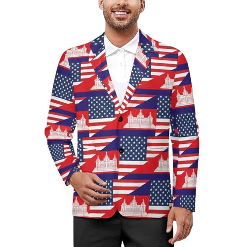 U.S. and Cambodia Flag Mens Suit Jacket Lapel Blazers V Neck Button Business Coat Tuxedo for Wedding Party