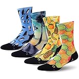 HUSO Funny Funky Socks Men's Women's Cool Printed Athletic Dry Fit Quick Wicking Crew Summer Sports Hiking Socks 4 Pairs (Lemon, Pineapple, Penguin, Coconut Palm, L/XL)