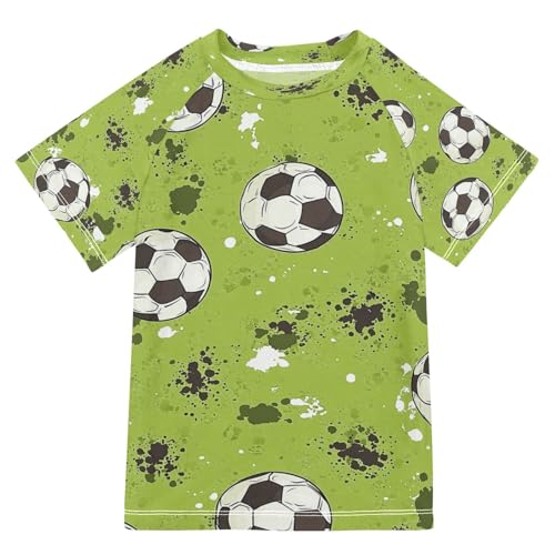 Boys Short Sleeve T-Shirts Green Soccer Ball Rashguard Kids Swim Shirts Sun UPF 50+