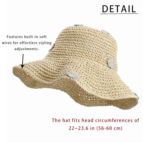 MILAKOO Straw Bucket Sun Hat Floral Decoration Wide Brim Summer Cap for Beach Woven Cap for Women