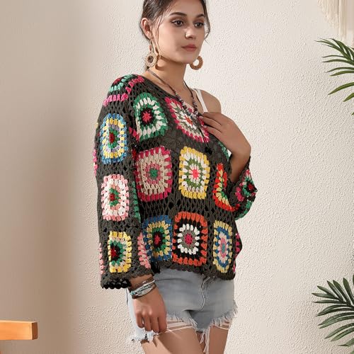 Crochet African Flower Granny Square Pullover Colorful Block Sweater Knitted Cover Up Hollow Out Long Sleeve Beach Outfits4