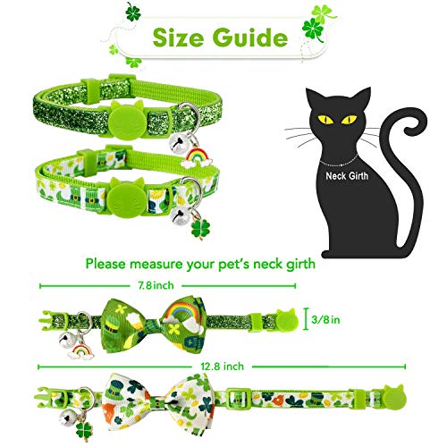 Pohshido St. Patrick's Cat Collar with Bow Tie and Bell, Kitty Kitten Breakaway Lucky Irish Shamrock Collar for Girls… - Image 2