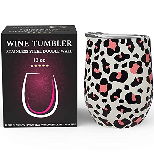 Chillout Life 12 Oz Stainless Steel Tumbler With Lid - Wine Tumbler Double Wall Vacuum Insulated Travel Tumbler Cup For Coffee, Wine, Cocktails, Ice Cream - Leopard Pink #TOP1