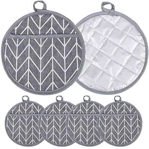 Gigilli Pot Holders Hot Pads for Kitchens Round Oven Mitts Sets Potholders with Pockets Linen Pads Machine Washable 8x8 6pcs Gray