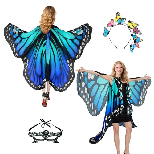 Schmetterlingskostüm Damen Schmetterlingsflügel Erwachsene 3-teilig mit doppellagig Schmetterling Flügel Umhang für Fasching Karneval inkl Schmetterlings Kostüm Zubehör Haarreif Gesichtsmaske