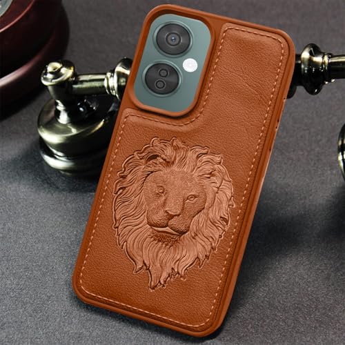 Image of Vaku Luxos Lion Embossed Back Cover Case for OnePlus Nord CE 3 Lite Premium Leather Stitched Soft Shockproof Protective TPU Phone Case Camera Screen Protector- Brown