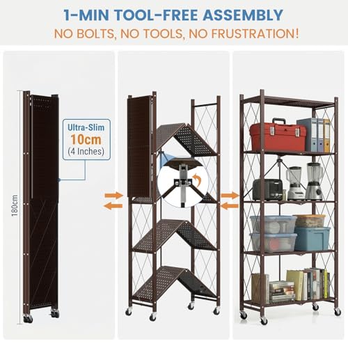Image of ALANNG 70.7 inch H Metal Storage Shelves, 5 Tier Folding Shelf on Wheels | Heavy Duty, No Assembly, Rolling, Collapsible Rack Unit for Kitchen, Basement, Pantry (Vintage Brown,3 Pack)