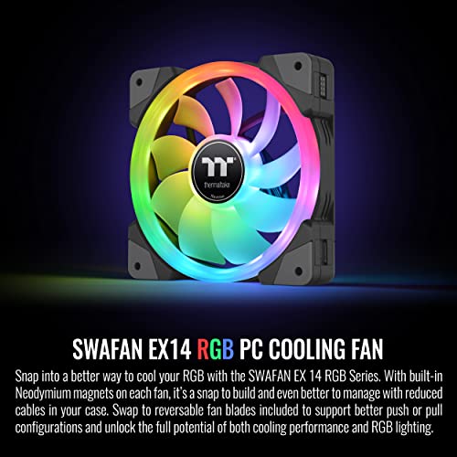 Thermaltake SWAFAN EX 14 RGB PC Lüfter, 3 Stück, 500~2000 U/min, Magnetanschluss, umkehrbare Flügel, Controller enthalten, CL-F144-PL14SW-A – Ansicht 2