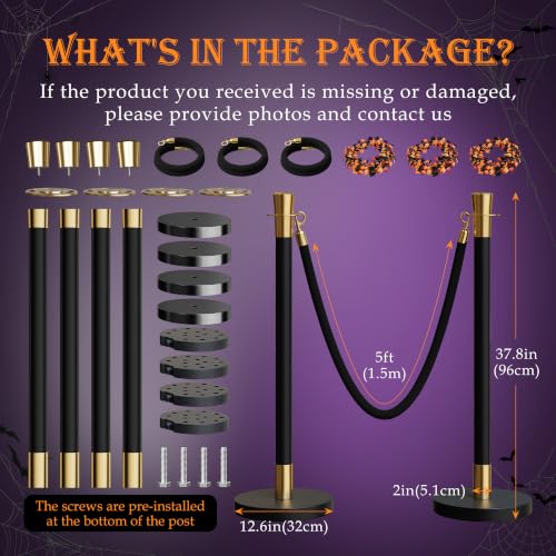 4 Pack Halloween Black&Gold Stanchions and Velvet Ropes Set - image 8