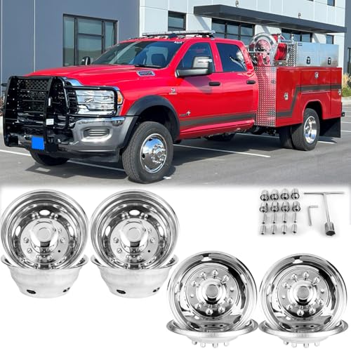 Image of 19.5 inch Anti Rust Polished Stainless Steel Dually Wheel Simulator Set, Fits Dodge Ram 4500 /5500 2012-2025 - Durable and Attractive - Bolt-On Hubcaps, 10 Lug, 5 Hand Hole Design - with Tools