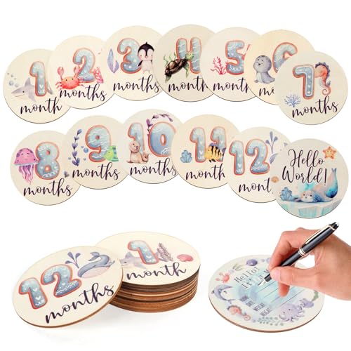 Image of Pregnancy and Baby Shower Gift, Baby Monthly Milestone Cards with Animal Print Milestone Wood Plates Includes Birth Notice Sign for Boy /Girl (SeaAnimals Print)