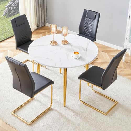Image of Round Dining Table Set for 4, 42-54 inch Expandable Dining Table with 4 Upholstered Chairs, Engineered Wood Top, Space-Saving Round Kitchen & Dining Room Table Set(1 Table + 4 Black Chairs)