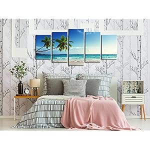 Wieco Art 5 Panels Ocean Sea Beach Canvas Wall Art for Home Decor Blue Sea Artwork Picture Print on Canvas Seascape Wall Decor for Living Room Home Hotel Decorations