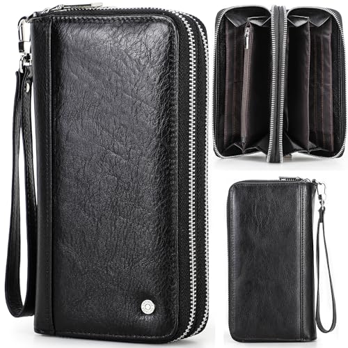 Image of Top Grain Genuine Leather Handheld Purse Wallet for Man & Woman, Classic Vintage Design, Fully Handmade, 2 Zipper Pockets & Multiple Slots, RFID Large Capacity for Daily /Business /Traveling /Gift, Black