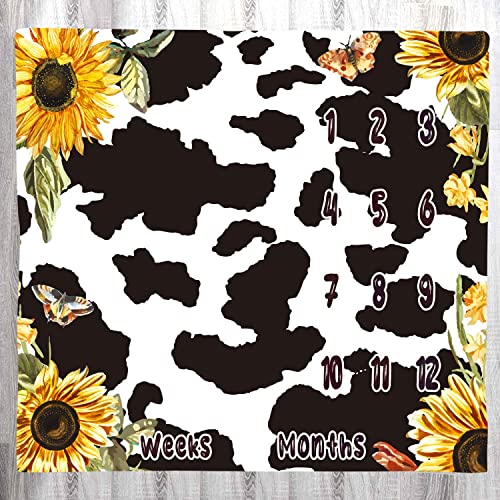 Image of LYLYCTY Sunflower Baby Age Blanket, Yellow Floral Dairy Cow Print Baby Monthly Milestone Blanket Newborn Growth Chart Blanket Baby Memory Blanket, 48x40 Inch Baby Swaddle Blanket BTLSLY534