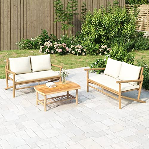 Homgoday Banc de jardin en bambou avec coussins blanc crème, canapés d'extérieur de jardin, dossier confortable, facile à déplacer