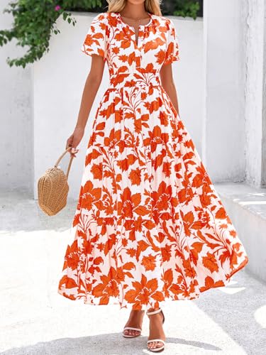 BTFBM Summer Dresses for Women 2025 Floral Casual Short Sleeve V Neck Elastic Waist Maxi Wedding Guest Dress Pockets2