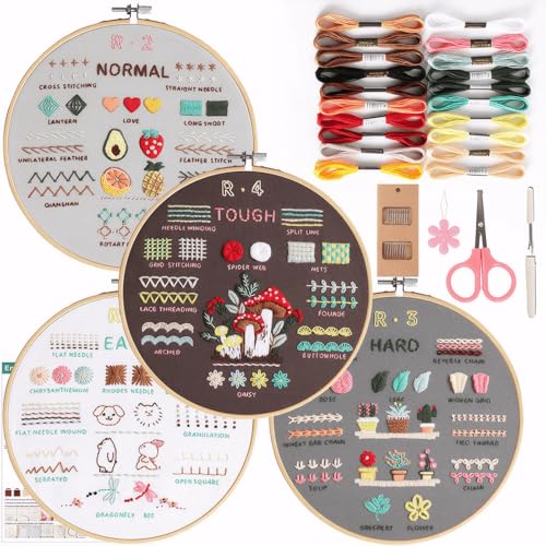 Image of Lecqizu Embroidery Kit for Adults, Beginner DIY Starter Set, 4 Pack, 33 Stitch Techniques