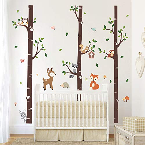 Image of decalmile Large Birch Tree and Forest Animal Wall Decals Owl Squirrel Deer Wall Stickers Baby Nursery Kids Bedroom Living Room Wall Decor (H: 69 Inches)
