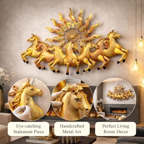 Image of Anshika International 7 Running Horses Metal Wall Decor with Sun LED Light - Vastu Feng Shui Lucky Horses Wall Hanging for Living Room, Hall & Office - Gold Copper Finish Metal Wall Art (37 x 23 Inch)