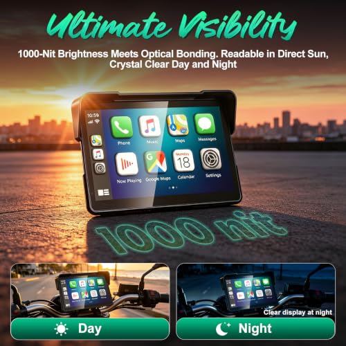 Image of YZW 7 Inch Wireless Motorcycle Carplay, GPS Navigation with Android Auto, Siri & Google Assistant, USB Cable /Bluetooth 5.2 /TMPS /Voice Control /IP69K Waterproof Touchscreen /Light Sensor /Quick Release