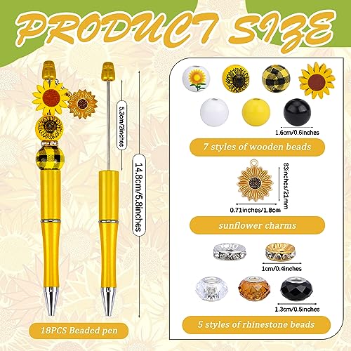 WEWAYSMILE 18pcs Assorted Beadable Bead Pens DIY Kit, Plastic Ballpoint Pens Bulk with Beads, Sunflower Theme - Image 2