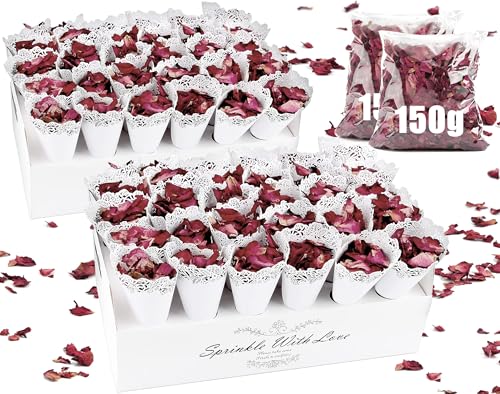 Mbsomnus Biodegradable Confetti Wedding Set - 300g Dried Rose Petals, 60pcs Cones, Cones Holder, Flower Pattern Paper Decor for Party Birthday Anniversary, White