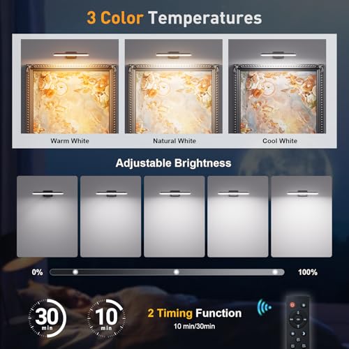 Image of NARUNDREN Rechargeable Picture Lights for Wall with Remote-1PC(Black) | Battery Operated, 300LM LED, 3 Color Temperatures, Timer, Poster & Picture Lighting, Dartboard, No-Drill Installation