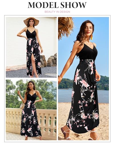 Newshows Women Summer 2025 Maxi Dress Vacation Floral Spaghetti Strap Spring Casual Boho Split Beach Long Flowy Sundress4