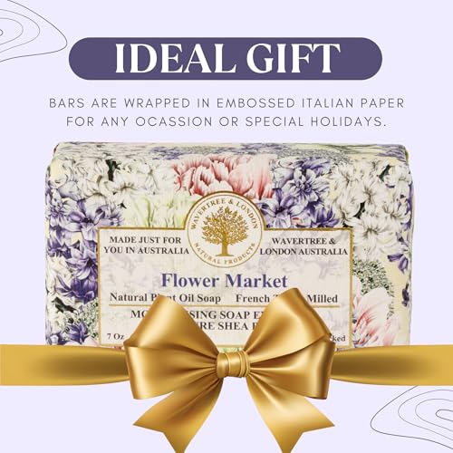 Image of Wavertree & London Flower Market Scented Natural Soap (2 Bars), 7oz Moisturizing French Triple Milled Soap Bars enriched with shea butter - Pure Plant Based Bath & Body Bars for All Skin Types