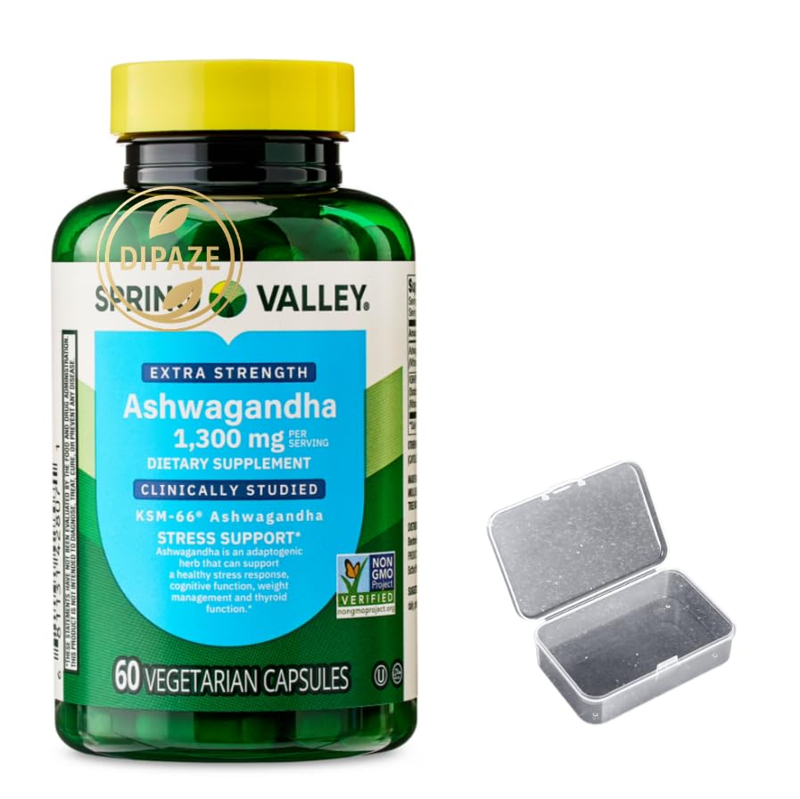 Spring Valley Extra Strength Ashwagandha 1300 mg | 60 Capsules + Dipaze Gift (Container)