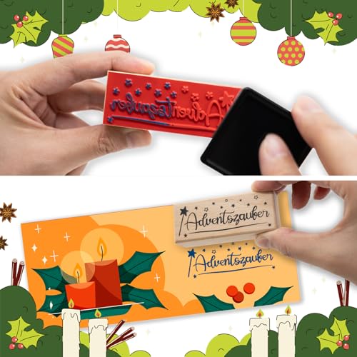 WAMIOKAGRO 2 Stück Advent Stempel Set Holzstempel \Adventszauber\ - 75 x 30 mm - Motivstempel Dekostempel für Weihnachtskarten, Geschenkpapier, Adventskalender und Weihnachtsdeko