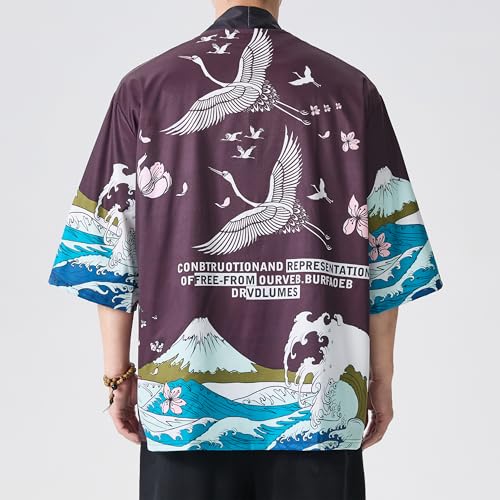 Image of PRIJOUHE Men's Lightweight Kimono Jacket Seven Sleeve Open Front Cardigan Coat Japanese Style Bathrobe