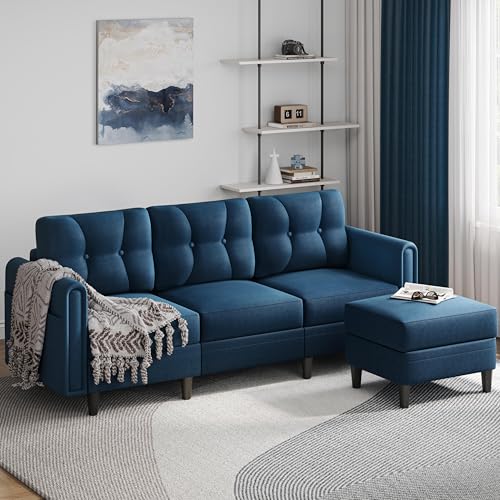 Yaheetech Ecksofa 3-Sitzer Sofa mit Polsterhocker aus Samtstoff Eckcouch in L-Form Rechts/Links fürs Wohnzimmer/Schlafzimmer/Wohnung, Blau – Bild 3