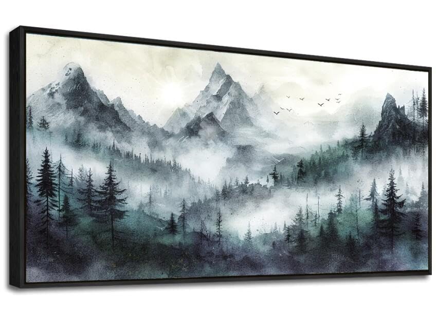 MHARTK66 Cadre Decoration Murale Noir, Moderne Impression sur Toile, 50x100 cm Grand Tableau Decoration Murale Chambre Paysage de Montagne Verte, Décoration...