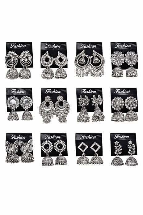 Image of (12 Pair) Oxidised Silver Jhumka Earrings for Women | Stylish Fashion Earrings Combo | Chandbali & Pearl Chandbali Earrings | Traditional South Indian Jhumkas for Girls & Women