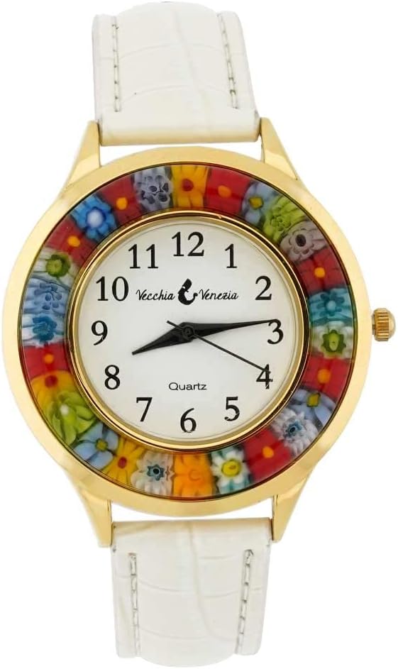 Glass Of Venice Serena Murano Millefiori Watch with Leather Band - Gold White