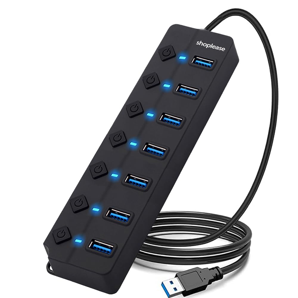 7-Port USB 3 0 Hub with Individual Power Switches and Lights High-Speed Data Hub Splitter Portable USB Extension