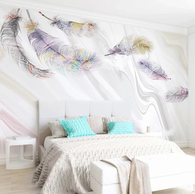 Papier peint mural plume marbre pour transformer un grand mur de salon vide