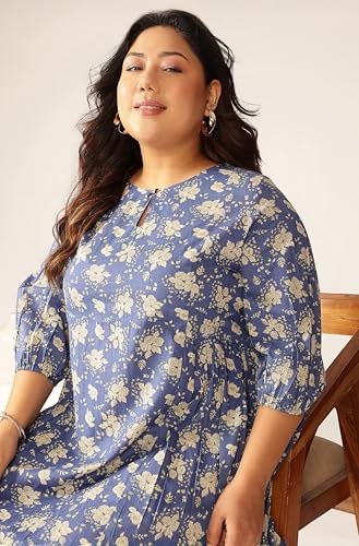 Image of Janasya Women's Plus Size Blue Pure Cotton Floral Printed Fit & Flare Dress