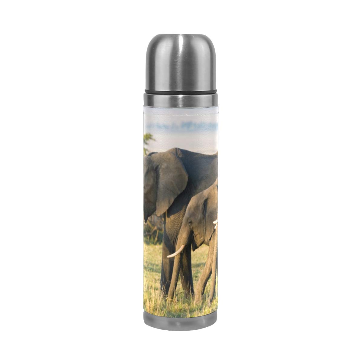 Taza de viaje de acero inoxidable con aislamiento al vacío, doble pared, a prueba de fugas, botella de agua africana, diseño de elefante personalizado impreso en piel auténtica, 500 ml