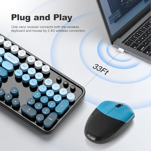 Image of Wireless Keyboard and Mouse Combo, 2.4GHz Gradient Colorful Full-Size Retro Typewriter Keyboard with Wireless Mouse for PC /Desktop /Laptop /Windows (Black Blue)