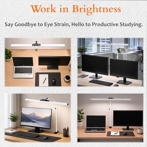 Image of Isomars LED Desk lamp for Computer Monitor and Laptop, Eye Friendly Study lamp with Clamp, 3 Color Modes & 10 Step Brightness, 24 Inch, Perfect for Reading, Studing, Working (24 inch White-Table Mount)