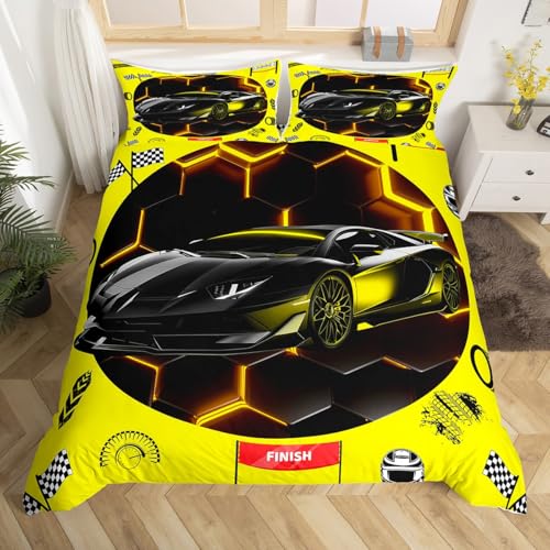 Housse de Couette Voiture de Sport 220x240 Enfant Garçon, Parure de Lit Adulte Nid D'Abeilles Géométrique Néon Jaune Noir, Sets de Housses de Couettes...