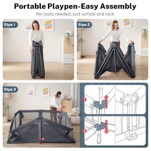 Image of Baby Playpen Portable, Pre-Assembled Play Pen 71x79 Large Foldable Playpen for Babies and Toddlers, Sturdy and Safe Toddler Play Yard Indoor Outdoor with Carry Bag,Dark Grey