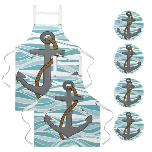 Lot de 2 tabliers de cuisine bleu ancre et multicolore avec poches pour la maison