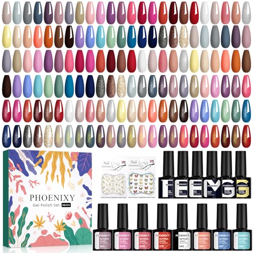 Phoenixy 48Pz Esmaltes Semipermanentes para Uñas 42 Colores Pintauñas Semipermanentes con 2 Base y 4 Top Coat Kit Esmalte Semipermanente con 2Pz Pegatinas para Uñas