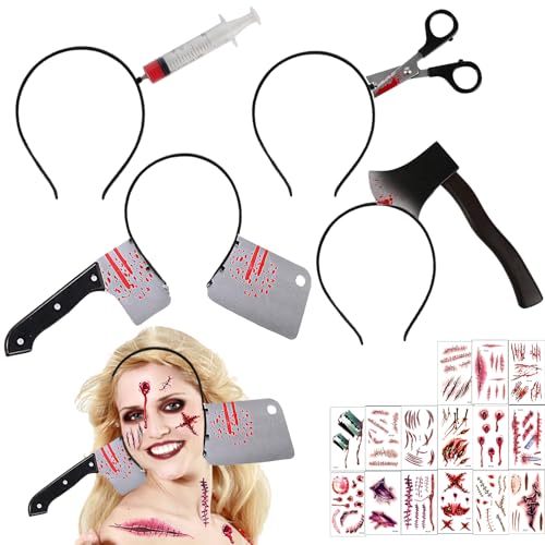 AUNGKWANG 19 Stück Halloween Haarreif Horror, Messer im Kopf, Horror Halloween Accessoires, Hallowee Zombie Scars Tattoo, Hallowee Messer Mit Blut, Kostüm Requisiten Fasching Karneval Party Cosplay