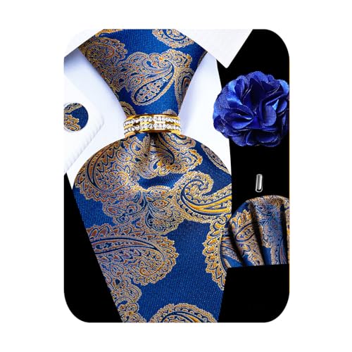 Image of 5PCS Mens Silk Designer Tie, Pocket Square, Cufflinks, Drilled Tie Ring and Lapel Pin Set for Wedding Groom Party