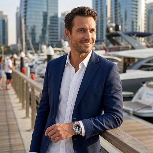 Image of Q&Q Analog Watch for Men | Black Dial with Date Display | Stainless Steel Silver Strap | Fixed Blue Red Bezel Design | 5 BAR Water Resistant | Quartz Men's Wrist Watch | A49A-001PY
